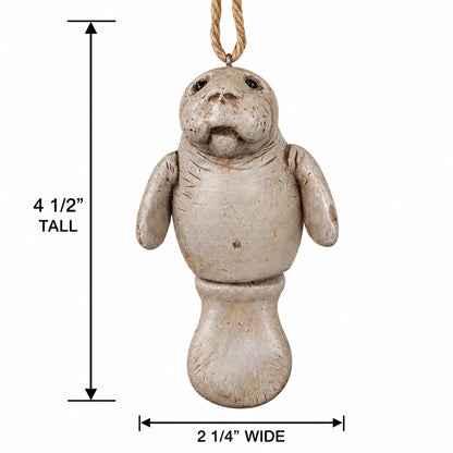 Manatee hanging ornament with jointed tail.  Measurements shown on a white background 4 1/2" tall  x 2 1/4" wide