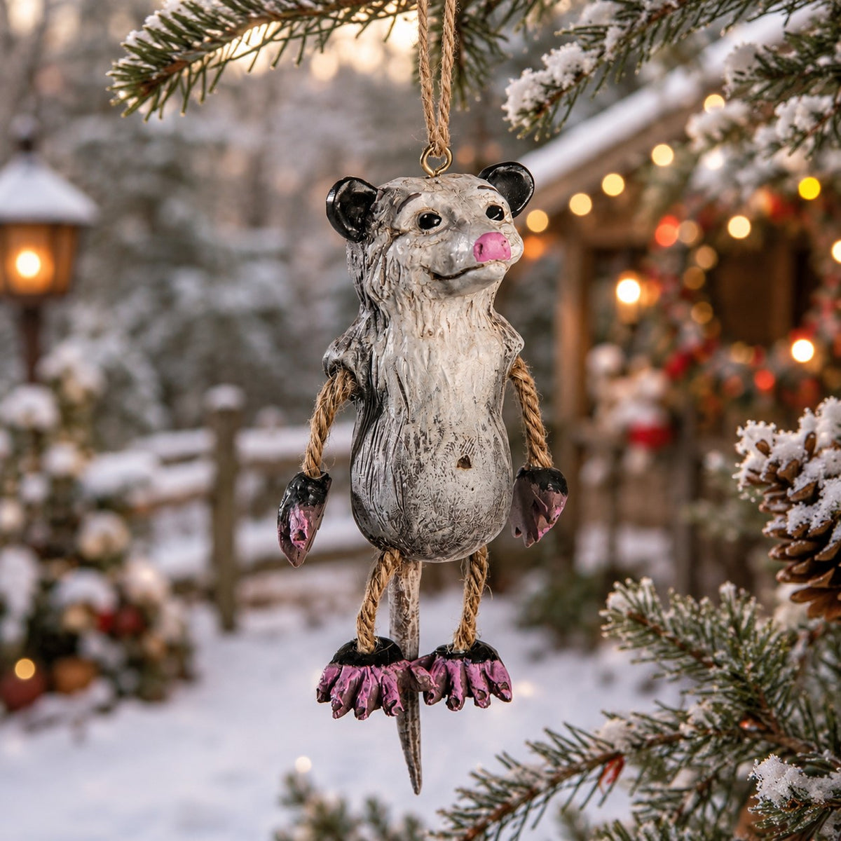 Whimsical possum  (opossum) ornament   hanging in the midst of an outdoor Christmas scene.