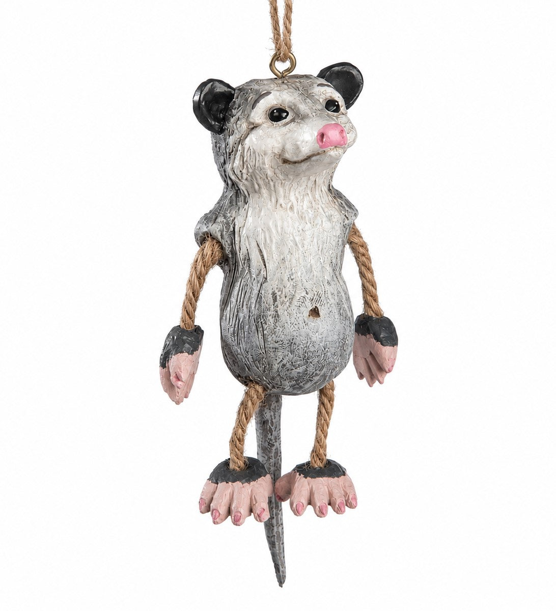 Hand painted Bert Anderson Opossum ornament in shades of gray and black with  pink nose and paws.  