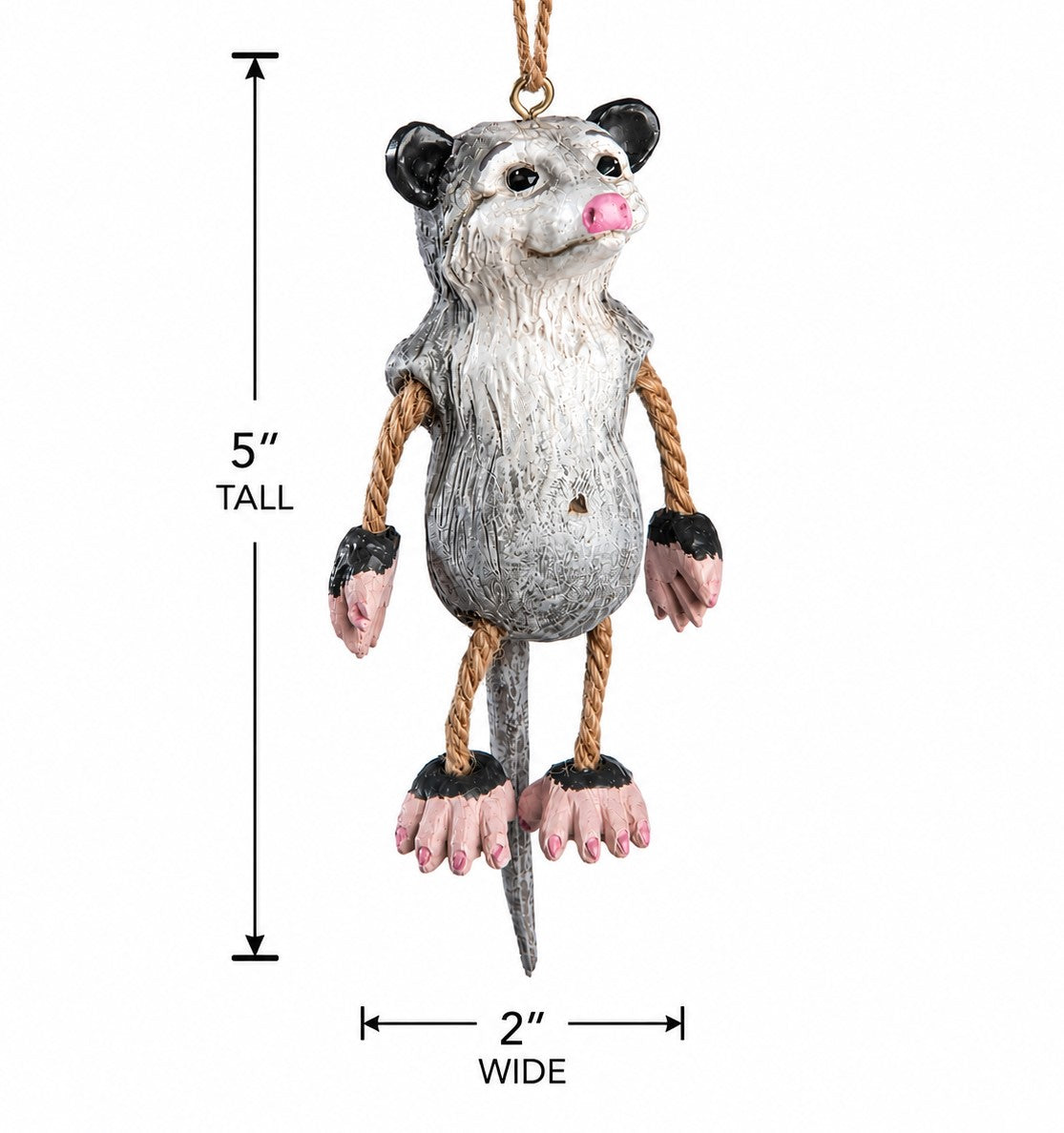 Opossum hanging ornament shown with measurments 5" tall x 2" wide.