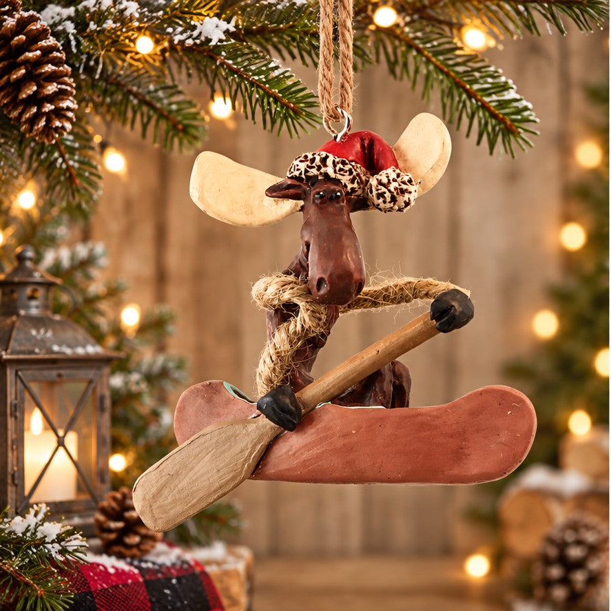 Moose in Canoe Christmas Ornament with Santa Hat