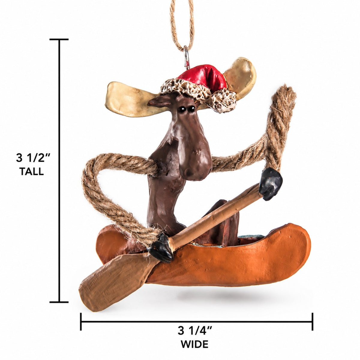 Bert Anderson moose in canoe Christmas ornament wearing a Santa hat with 3½-inch high and 3 1/4" wide measurement shown on a white background.
