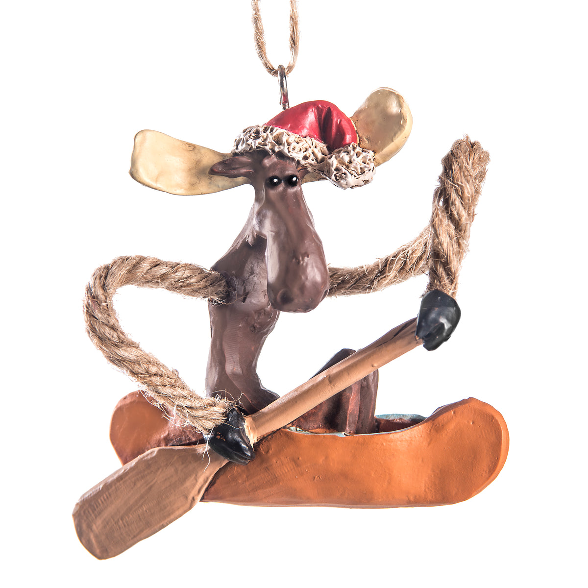 Bert Anderson Christmas moose ornament wearing a Santa hat and paddling a canoe with jute rope arms on a white background.