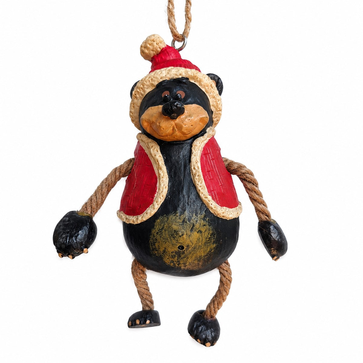 This Bert Anderson Santa Bear Ornament hsa rustic loge style and is wearing a red hat and red vest.  