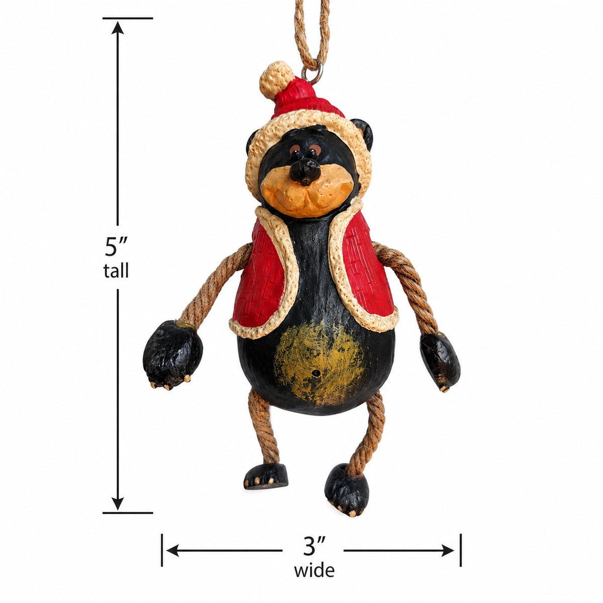 Hanging Santa Bear Ornament with red hat and vest on a white background measurements: 5" tall x 3" wide.  