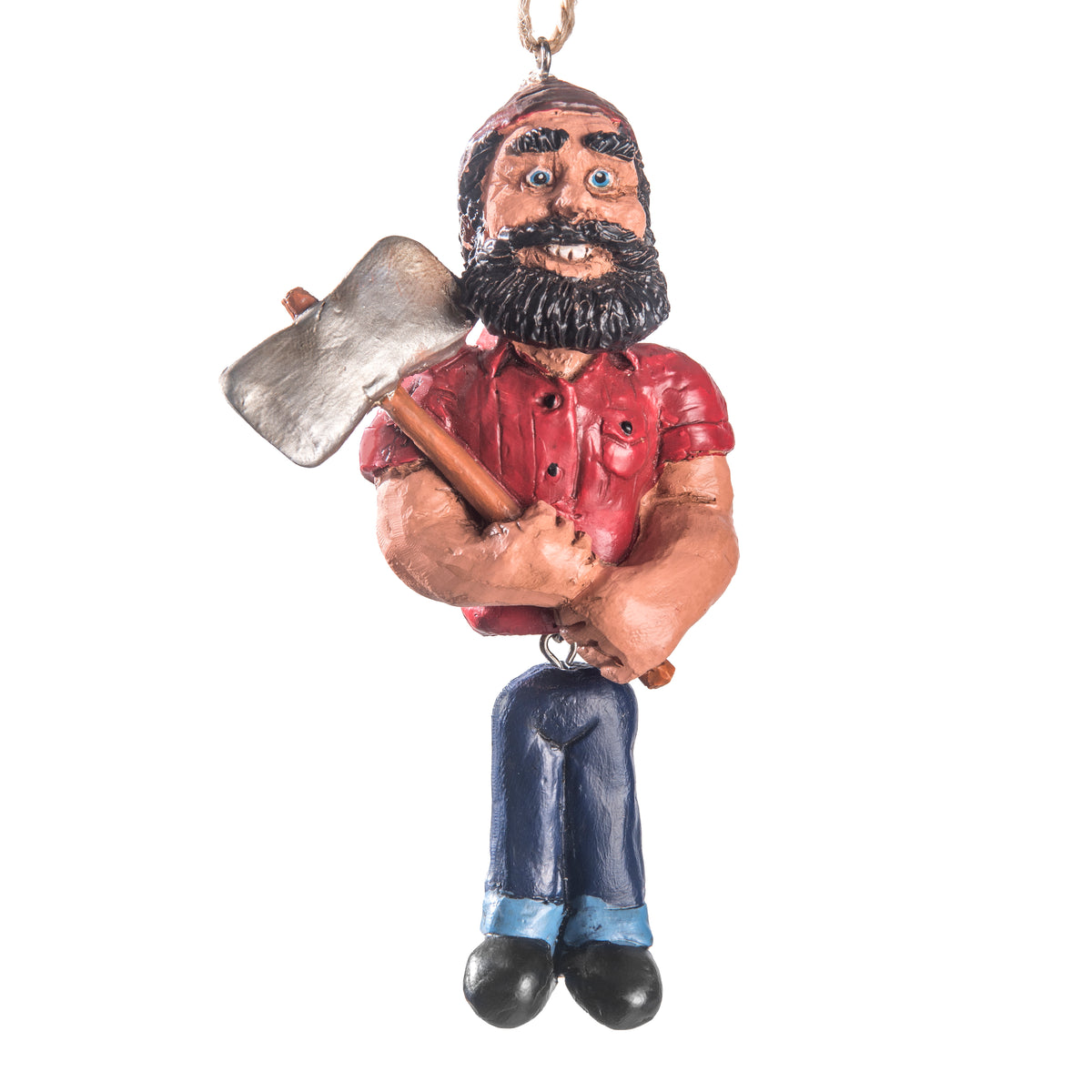 Paul Bunyan hanging ornamnet with a rustic lumberjack style with a red shirt, blue pants and carrying a silver axe.