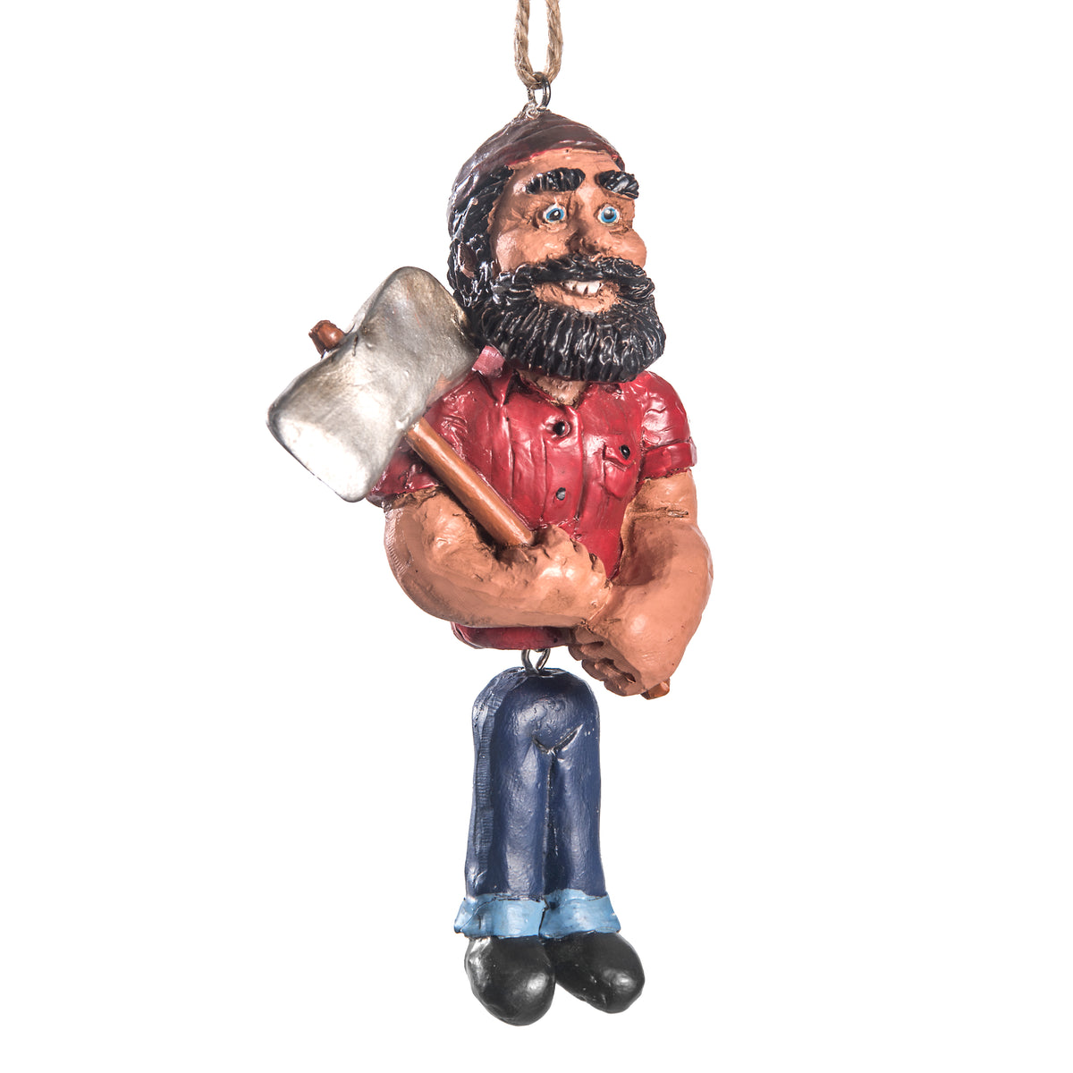 Bert Anderson Paul Bunyan ornament wearing a red shirt and blue jeans, carrying an axe with dangling legs on a white background.
