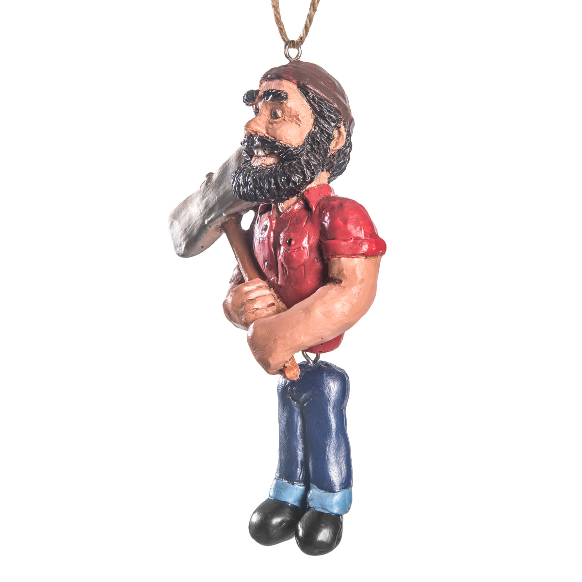 Side view of Bert Anderson Paul Bunyan ornament wearing a red shirt and blue jeans, carrying an axe with dangling legs on a white background.