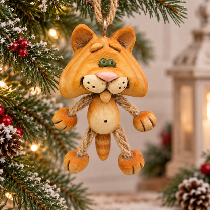 Bert Anderson orange tabby cat ornament with oversized head and dangly rope limbs hanging on a brightly lit Christmas tree.