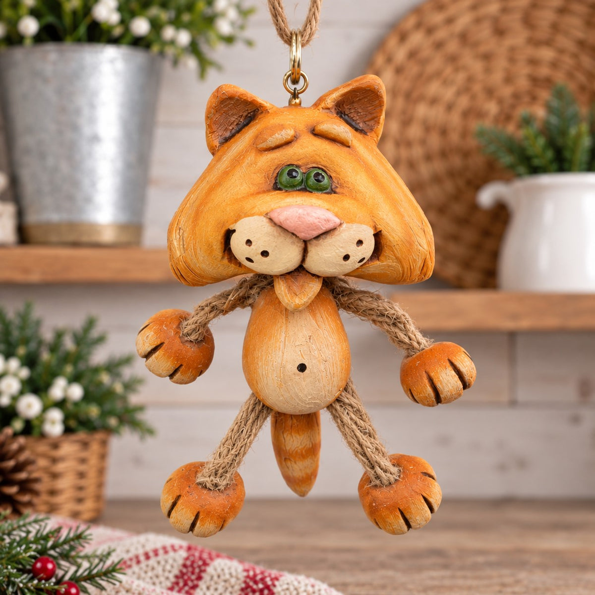 Bert Anderson orange tabby cat ornament with oversized head and dangling jute rope arms and legs displayed in a light farmhouse setting.