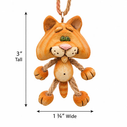 Bert Anderson orange tabby cat ornament with measurement arrows showing approximately 3" tall and 1¾" wide on a white background.