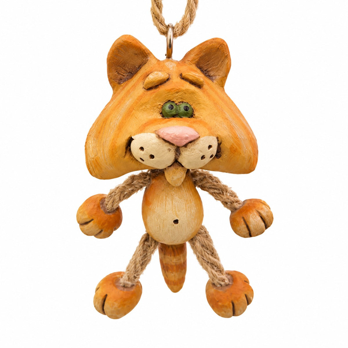 Bert Anderson orange tabby cat ornament with oversized head, small body and dangling jute rope arms and legs on a white background.