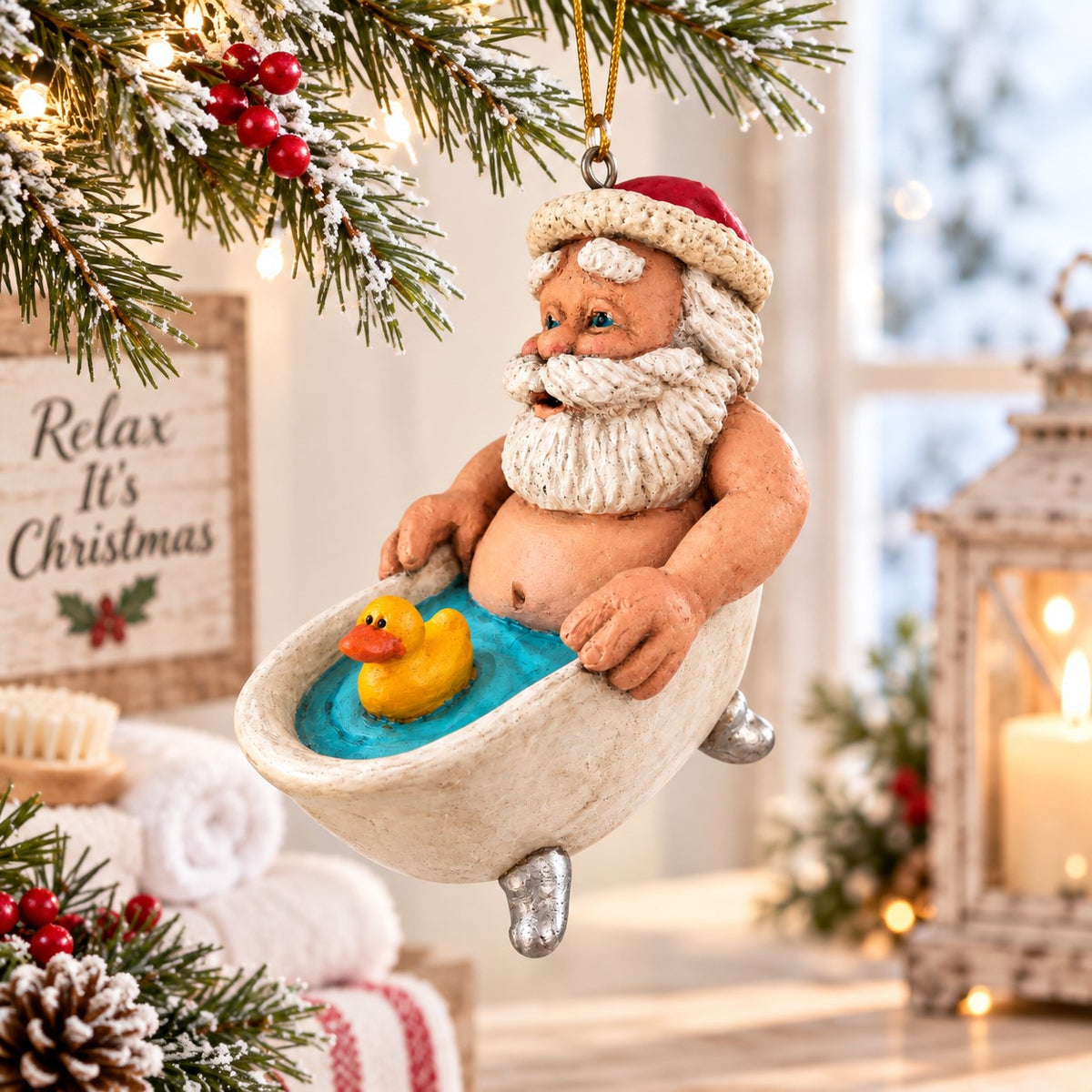 Bert Anderson Santa in bathtub ornament with yellow rubber duck displayed in a light, simple Christmas setting with evergreen and soft holiday lights