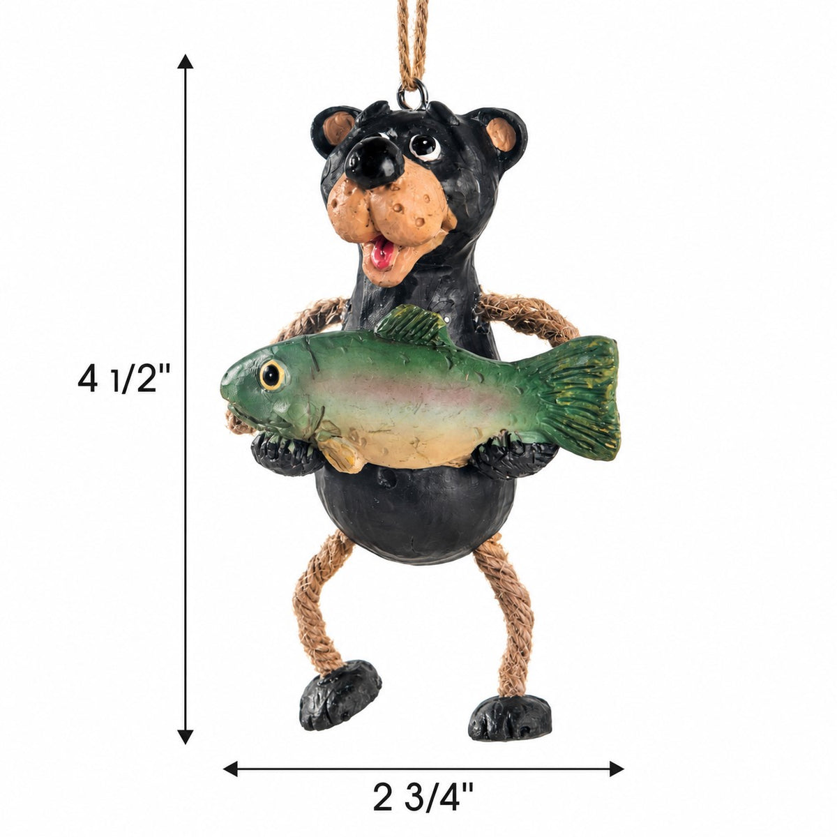 Bert Anderson black bear fishing ornament holding a fish with measurement arrows showing 4½" tall and 2¾" wide on a white background.