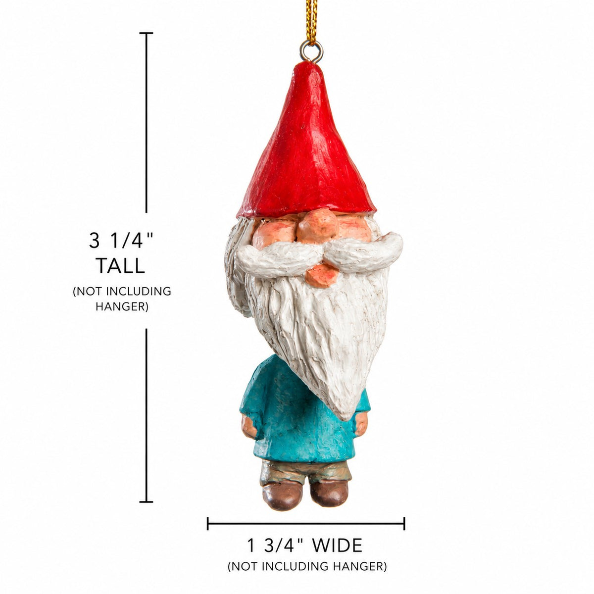 Bert Anderson gnome ornament with red hat and white beard measuring 3¼ inches tall by 1¾ inches wide.