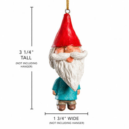 Bert Anderson gnome ornament with red hat and white beard measuring 3¼ inches tall by 1¾ inches wide.