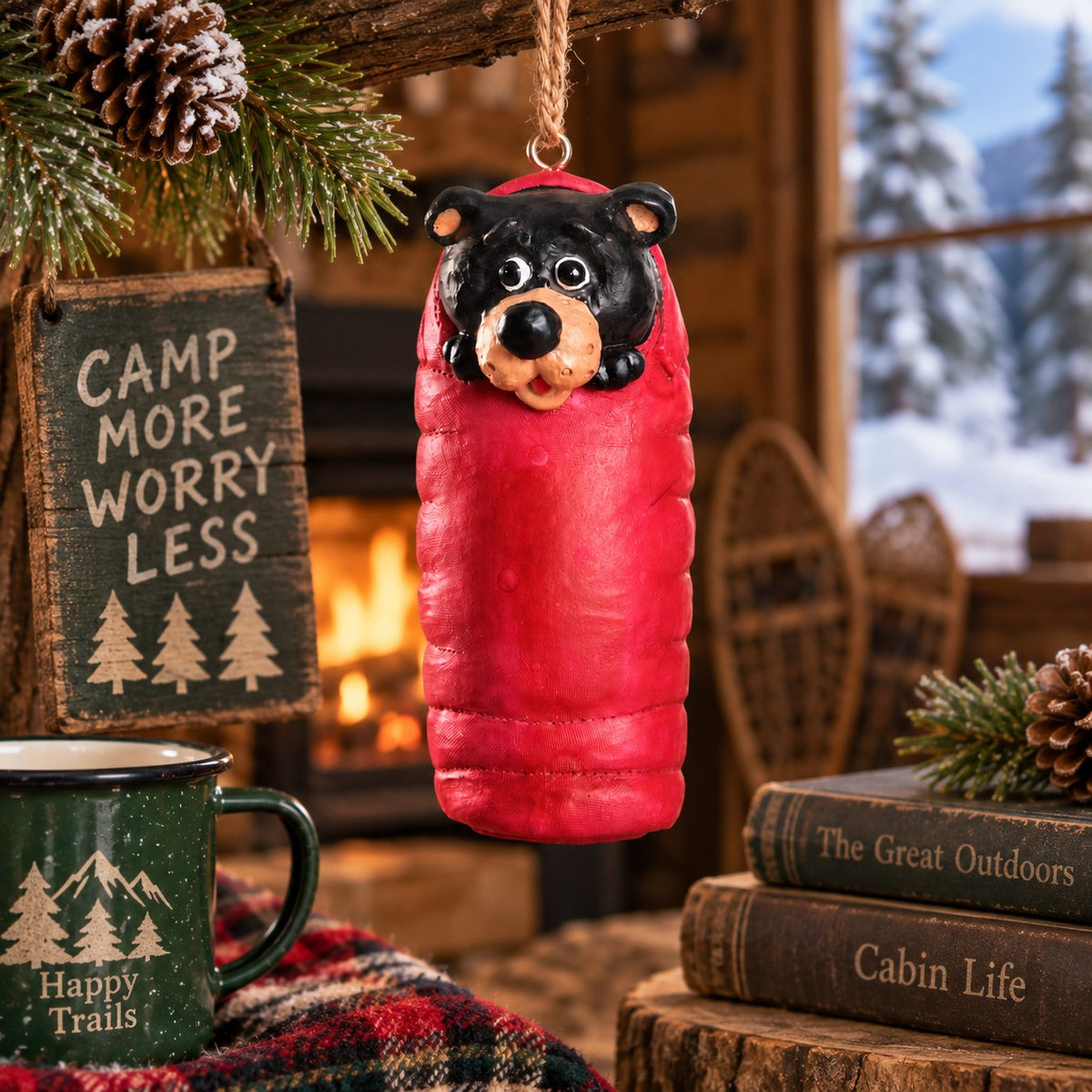 Bert Anderson black bear ornament tucked into a red sleeping bag, hanging in a cozy Christmas cabin setting with evergreen branches and warm lights.