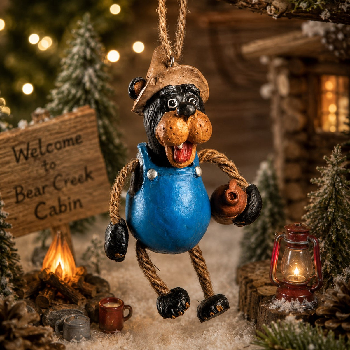 Bert Anderson Moonshine Bear ornament in blue overalls and a fishing hat holding a jug, displayed in a snowy rustic cabin Christmas setting with lantern and campfire.