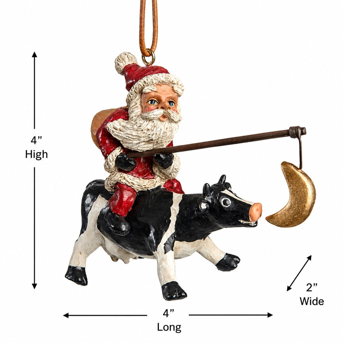 Measurement Photo: Bert Anderson Santa Riding a Cow ornament with fishing pole and crescent moon on a white background with measurement arrows.