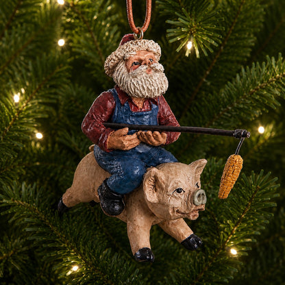 Bert Anderson Santa Riding a Flying Pig ornament with blue overalls, red shirt and Santa hat, holding a pole with dangling ear of corn on a white background.