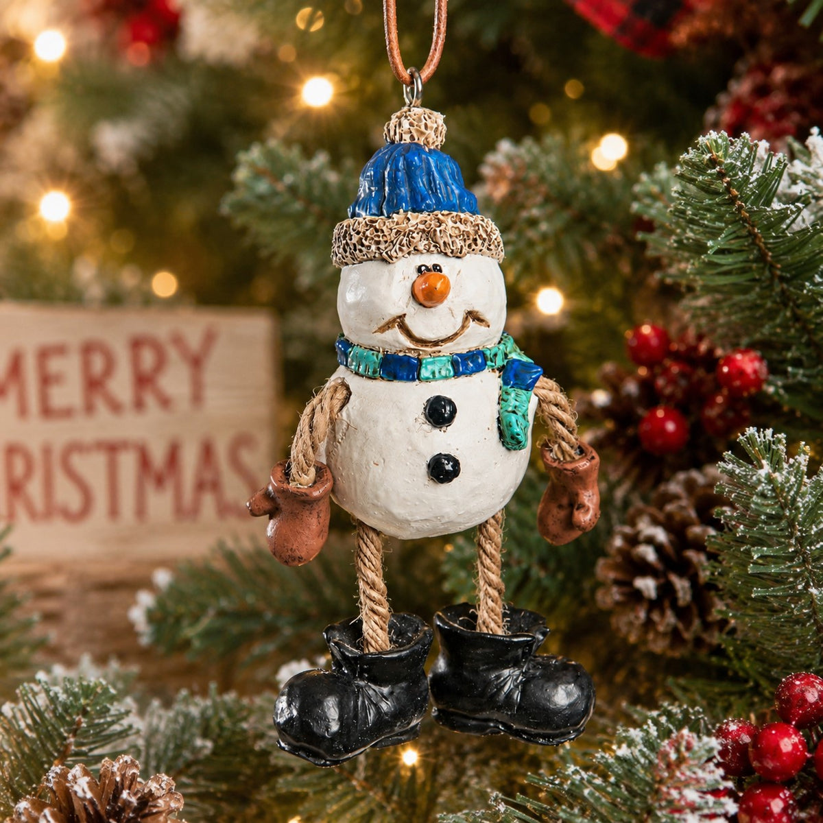 Dangly snowman ornament with blue hat and scarf displayed among snowy evergreen branches, red berries, pinecones and Christmas lights.