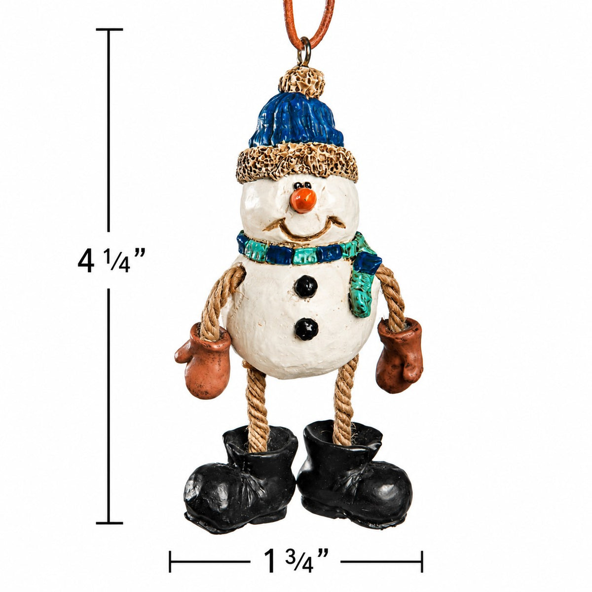 Dangly snowman ornament with blue hat, scarf and oversized black boots measuring 4¼ inches tall by 1¾ inches wide.
