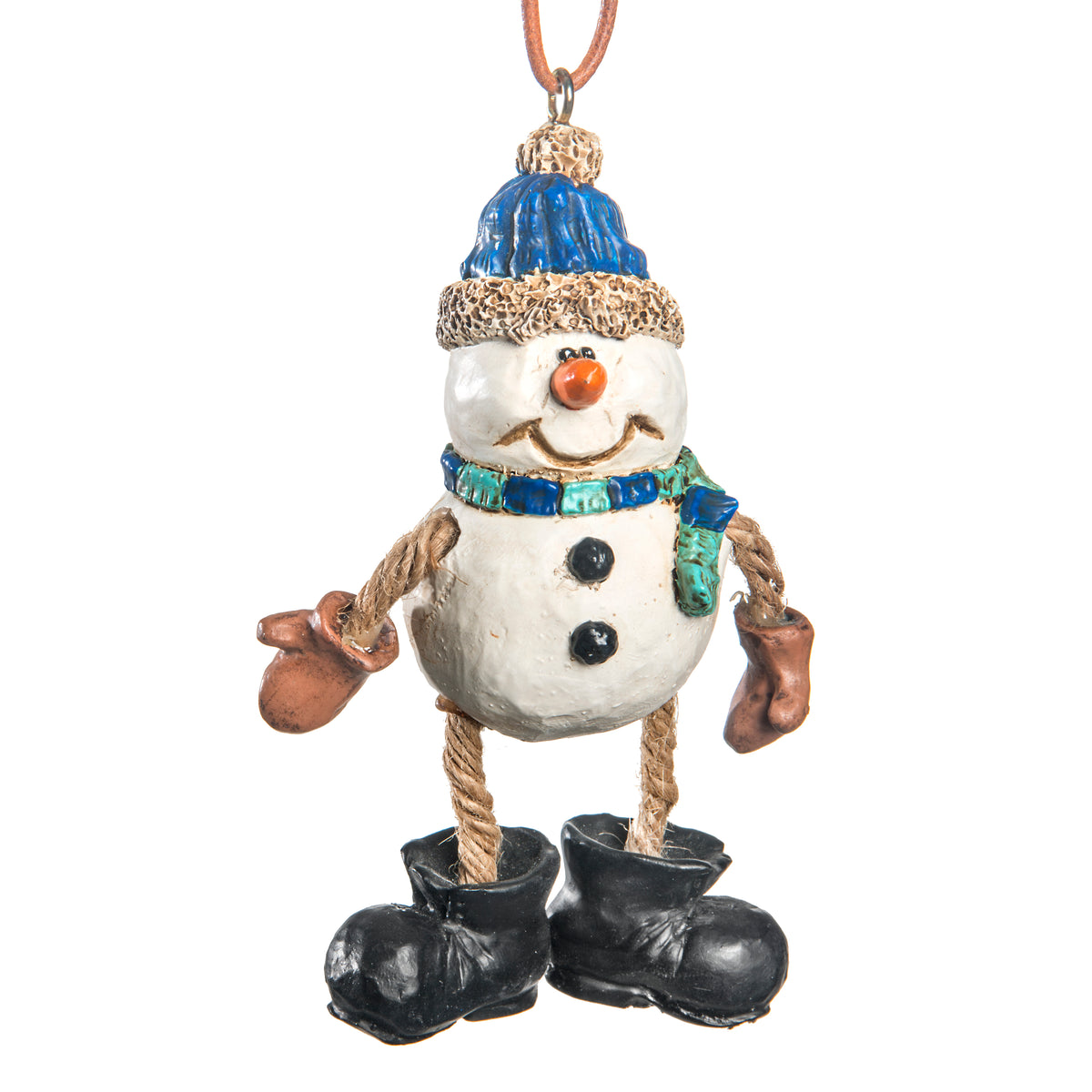 Dangly snowman ornament with blue stocking hat, coordinating scarf, rope arms and legs, brown mittens and oversized black boots on a white background.