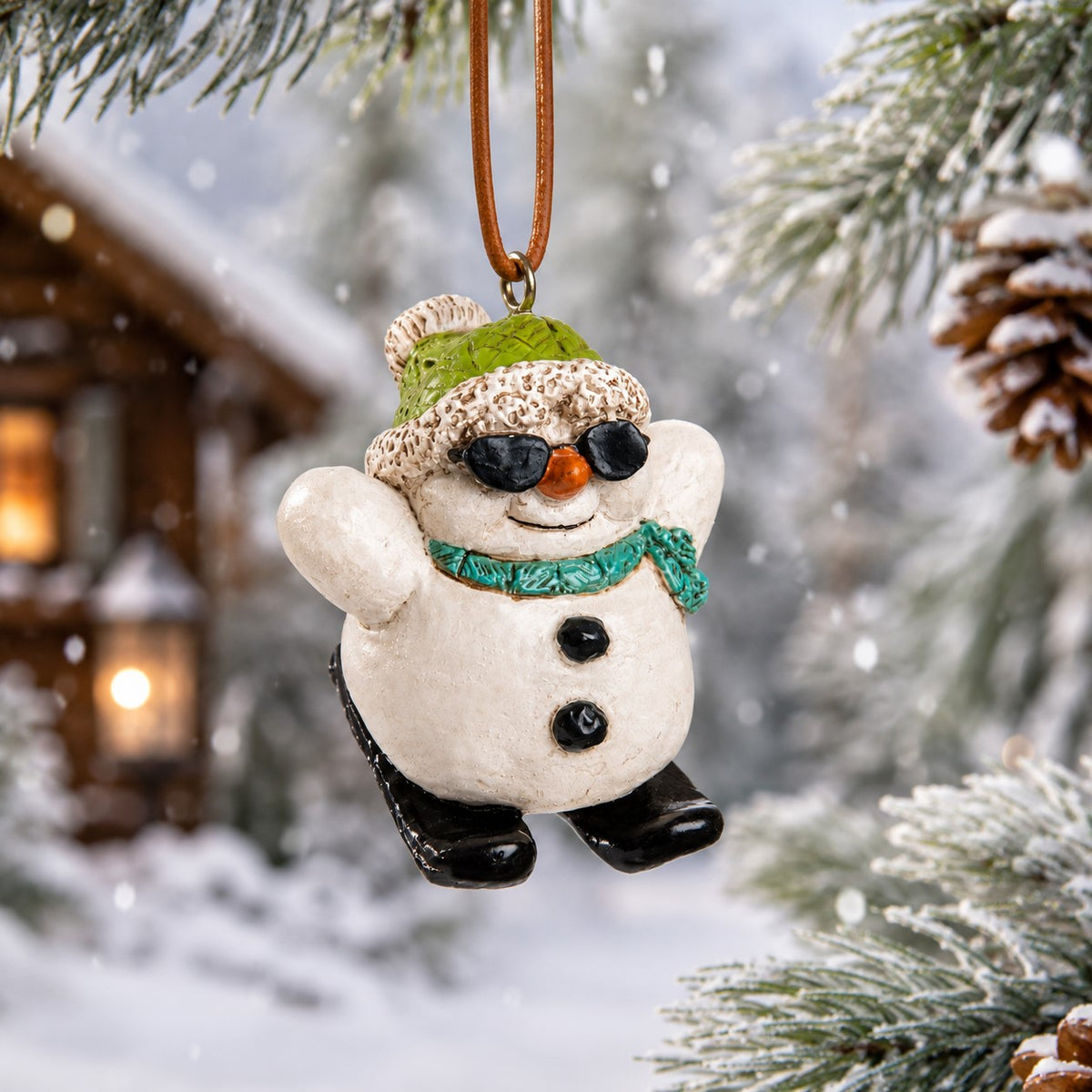 Skiing snowman ornament with green hat, blue scarf and black sunglasses displayed in a snowy mountain cabin setting.