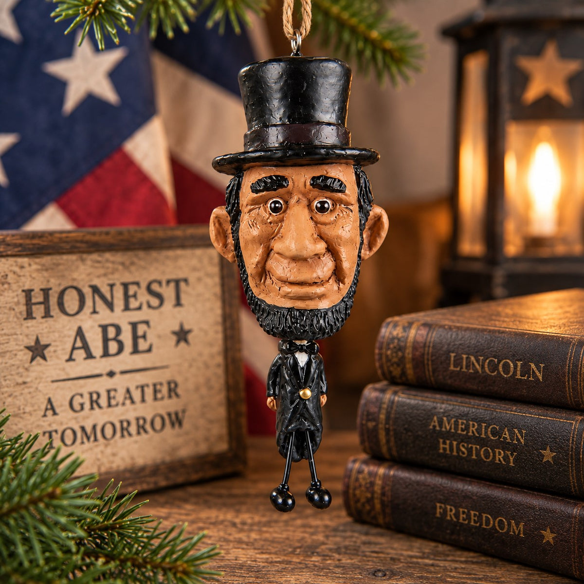 Abe Lincoln ornament with oversized head and stovepipe hat displayed with American history books, patriotic décor and a lantern.