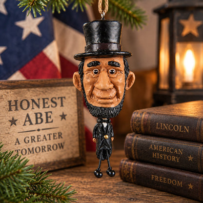 Abe Lincoln ornament with oversized head and stovepipe hat displayed with American history books, patriotic décor and a lantern.