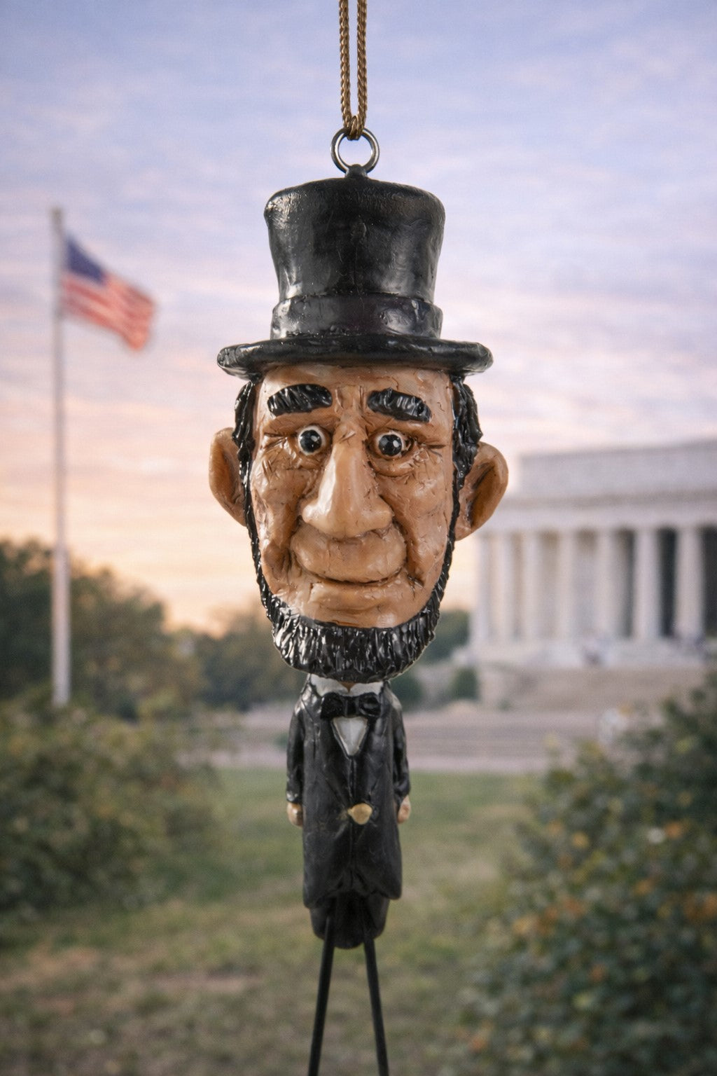 Abe Lincoln ornament with stovepipe hat and oversized head displayed with the Lincoln Memorial and American flag in the background.