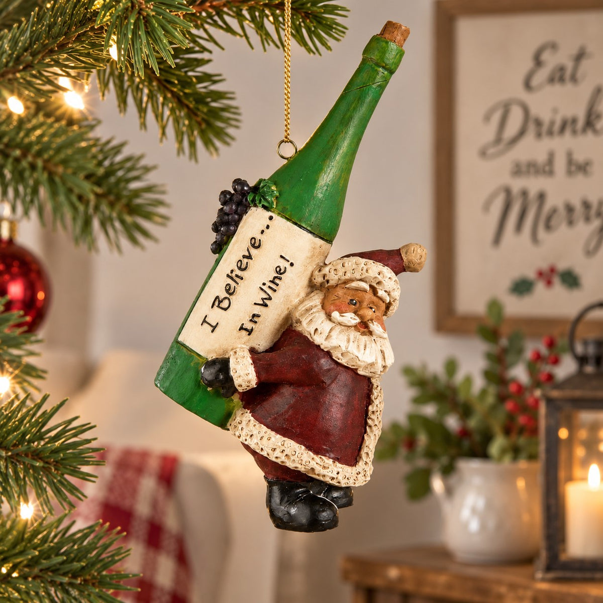 Bert Anderson Santa wine ornament with oversized “I Believe in Wine” bottle displayed in a bright Christmas home décor setting.