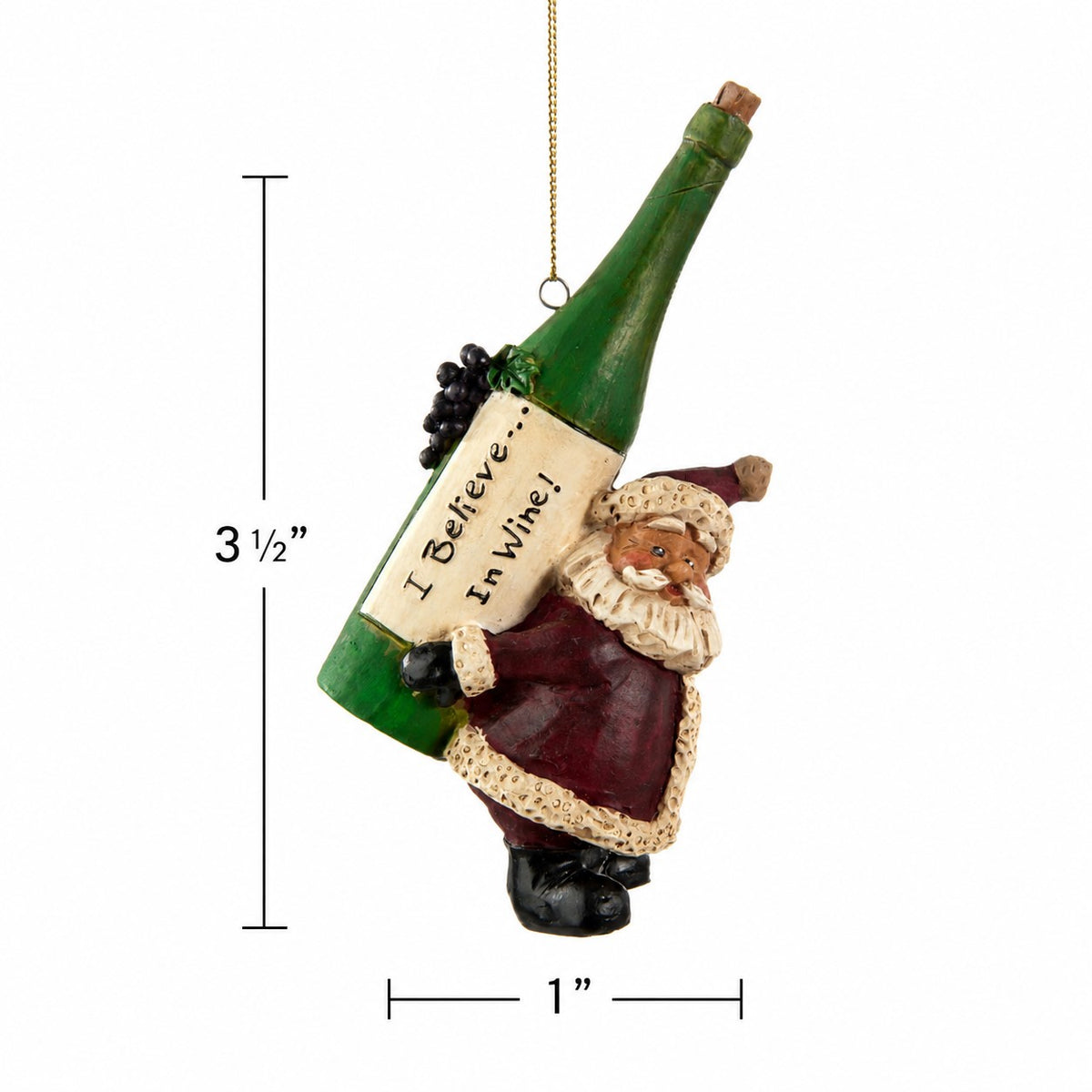 Bert Anderson Santa wine ornament with “I Believe in Wine” bottle measuring 3½ inches tall and 1 inch wide.