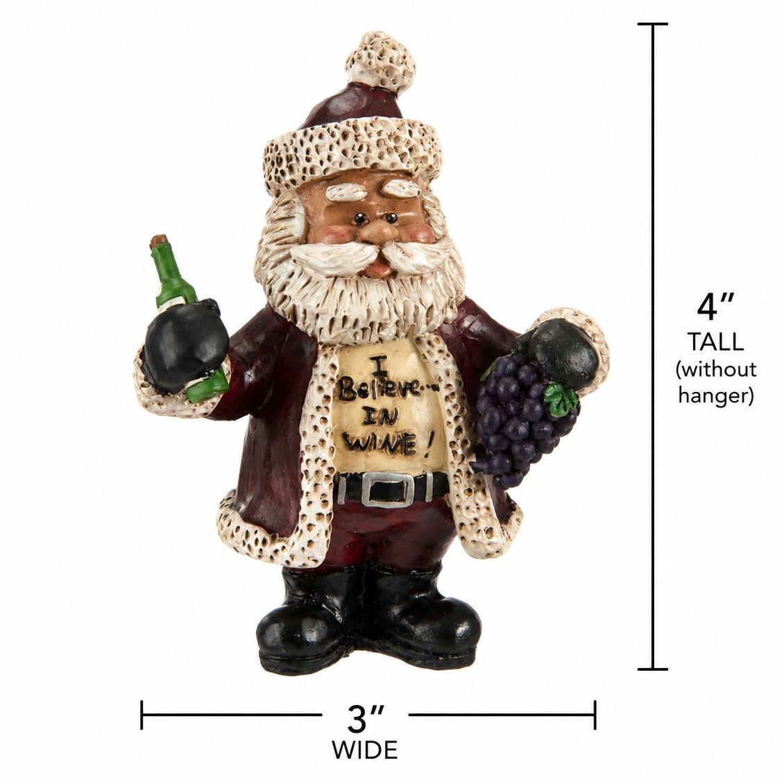 Bert Anderson “I Believe in Wine” Santa ornament with wine bottle and grapes, measuring 4 inches tall by 3 inches wide.