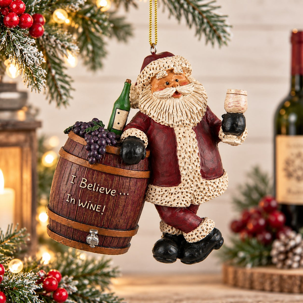 Bert Anderson Santa wine ornament holding a wine glass beside a wine barrel with grapes and “I Believe in Wine” displayed in a festive Christmas home décor setting.