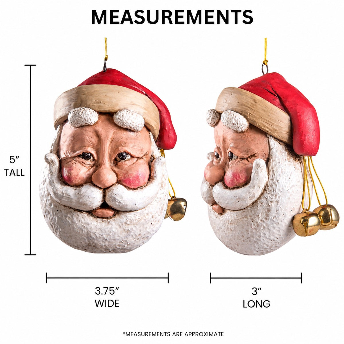 Bert Anderson large Santa face ornament measuring approximately 5 inches tall, 3.75 inches wide and 3 inches deep.