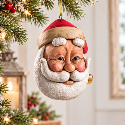 Bert Anderson Santa face ornament with red hat, rosy cheeks and white beard displayed against a light Christmas background with subtle holiday greenery