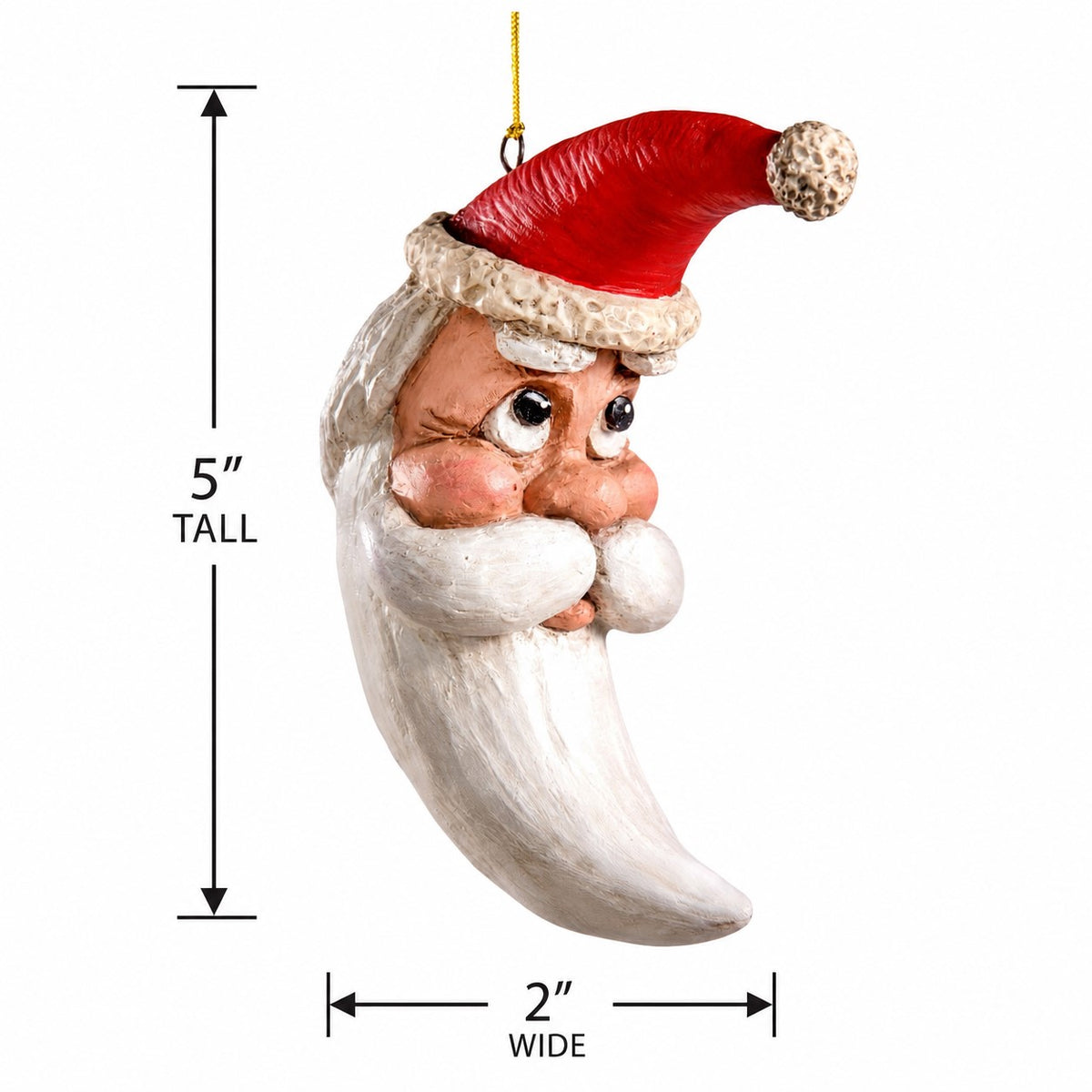 Bert Anderson crescent moon Santa ornament measurement image showing approximately 5 inches tall and 2 inches wide