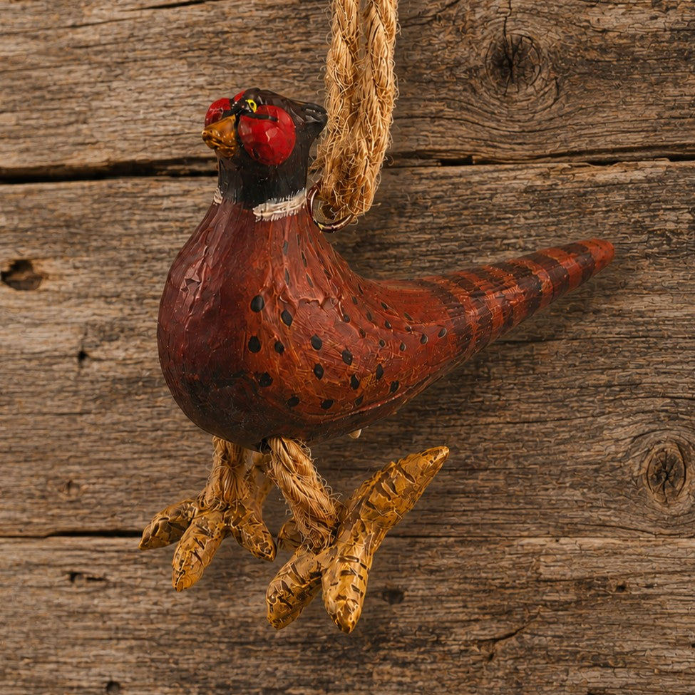 A rustic hand-painted pheasant bird ornament hanging from a natural jute rope against a weathered wood plank background.