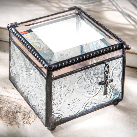 Vintage Glass Keepsake Case with Christian Cross Box 631