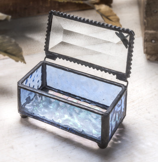 Small Blue Glass Jewelry Box with Dragonfly Filigree - Box 923