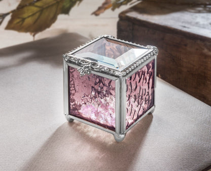 J Devlin BOX 928 pink rose textured glass keepsake box with clear beveled lid, silver finish, beaded edging, and decorative filigree.