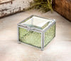 J Devlin Box 929 sage green textured glass keepsake box with a clear beveled lid, silver finish, beaded edging, and decorative filigree.