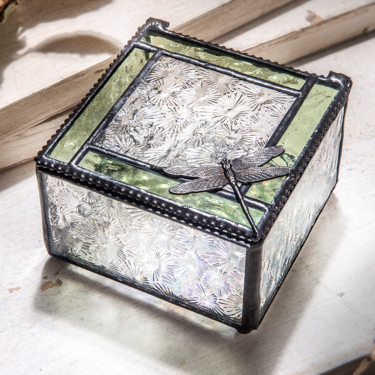 Green & Clear Stained Glass Dragonfly Keepsake J Devlin Box 141