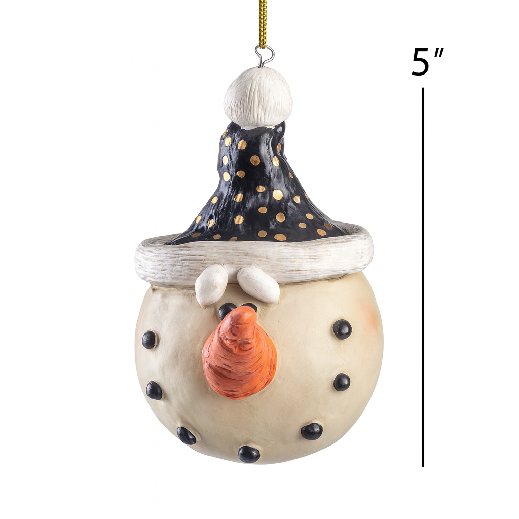Snowman Ornament with Black and Gold Stocking Cap Bac 041