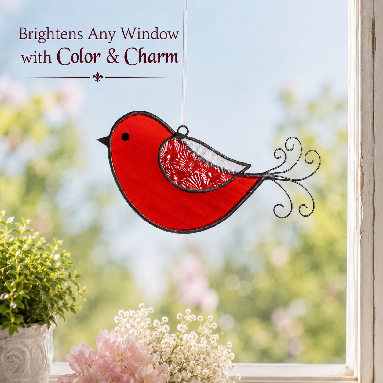 red stained glass bird suncatcher by j devlin glass art