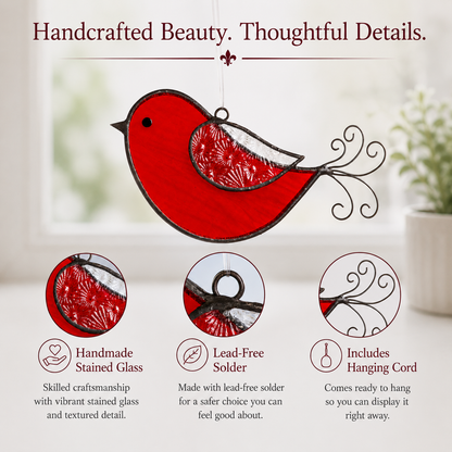 J Devlin Glass Art Red Stained Glass Bird Ornament | Orn 310