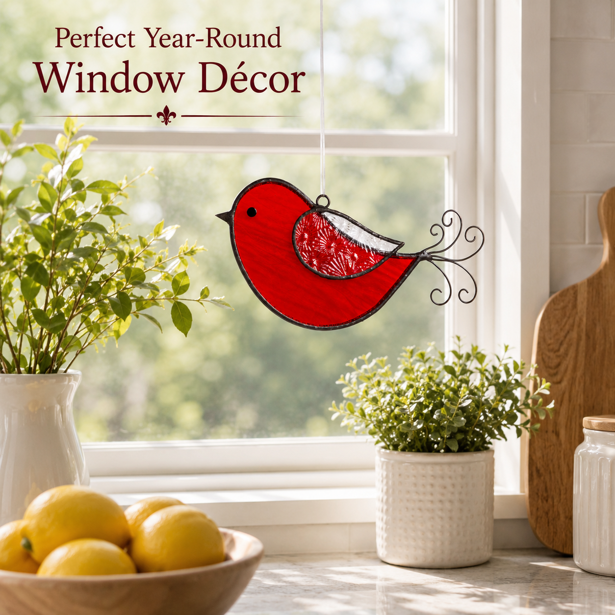 red bird ornament dimensions stained glass window hanging