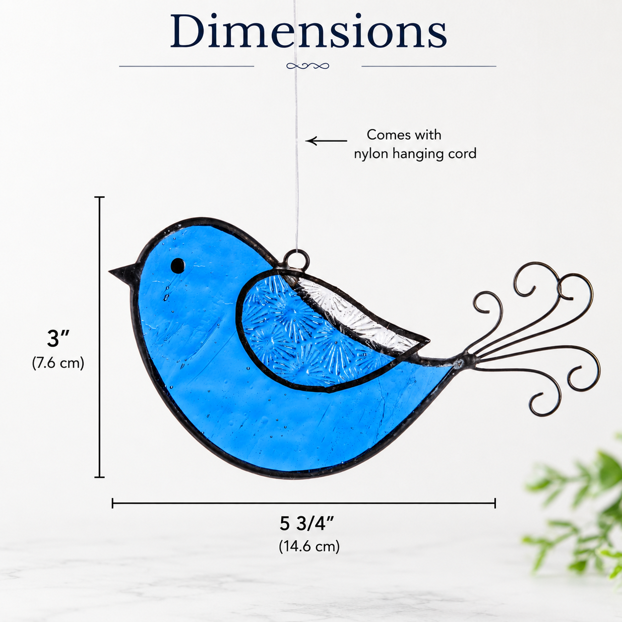 blue stained glass bird ornament dimensions 5.75 inch hanging suncatcher