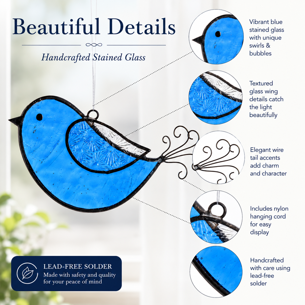 decorative blue stained glass bird ornament closeup